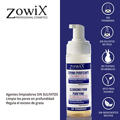 ZOWIX Limpiador facial en espuma para PIEL GRASA. Desmaquillante ojos, cara y cuello. Foam Natural con Ácido Hialurónico. SIN PARABENOS. Con activos vegetales. Ideal Veganos. 150ml