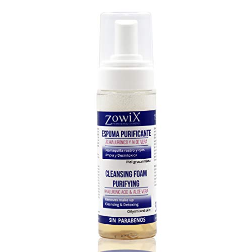 ZOWIX Limpiador facial en espuma para PIEL GRASA. Desmaquillante ojos, cara y cuello. Foam Natural con Ácido Hialurónico. SIN PARABENOS. Con activos vegetales. Ideal Veganos. 150ml