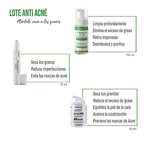 Zowix. Tratamiento Antiacne. Pack completo contra el Acne facial, con Espuma de limpieza, Serum intensivo y Crema. Elimina granos, espinillas y puntos negros de forma natural.