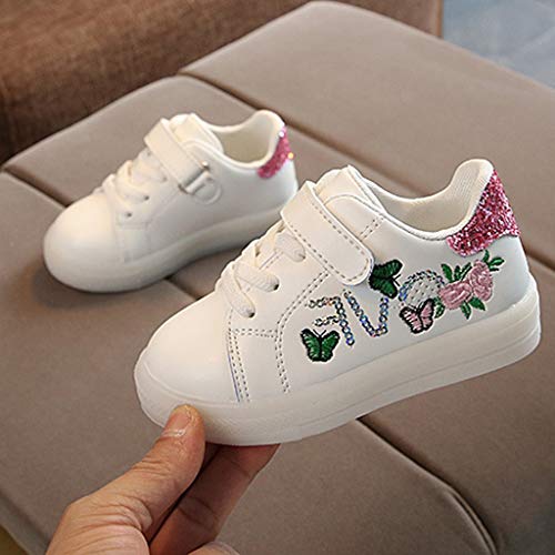 1-6 Años,SO-buts Niños Bebés Niñas Niños Lentejuelas Blancas Bordado Flor Mariposa Luz Led Luminoso Zapatos Deportivos Zapatillas De Deporte (Rosado,20 EU)