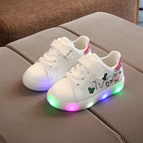 1-6 Años,SO-buts Niños Bebés Niñas Niños Lentejuelas Blancas Bordado Flor Mariposa Luz Led Luminoso Zapatos Deportivos Zapatillas De Deporte (Rosado,20 EU)