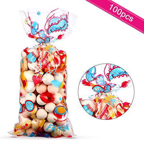 100 Piezas Bolsas de Dulces de Cumpleaños de Maquillaje Spa de Niños Bolsa de Papel Celofán de Plástico Transparente con 100 Precintos Plateados para Niñas Decoración de Fiesta