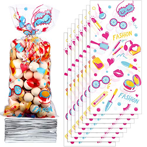 100 Piezas Bolsas de Dulces de Cumpleaños de Maquillaje Spa de Niños Bolsa de Papel Celofán de Plástico Transparente con 100 Precintos Plateados para Niñas Decoración de Fiesta