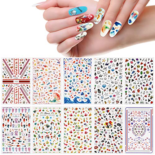 1000+piezas (10 Grande Hojas) Verano Pegatina de Uñas,Mwoot Oceano Sirena Conchas Estrella de Mar Flores 3D Pegatina Calcomanías Autoadhesiva de Uñas Tatuaje para Mujer Manicura Bricolaje