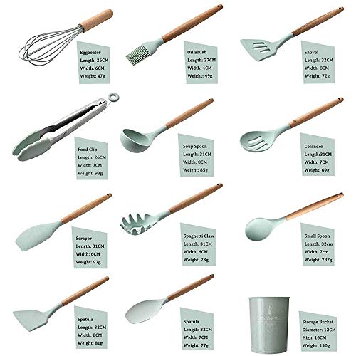 11 Piezas Utensilios Cocina de Silicona,Resistentes Al Calor Espátulas de Cocina Antiadherente con Mango de Madera, Cuchara sin BPA (verde)