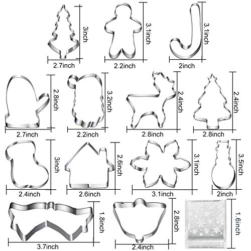 14 Kit Cortadores Acero Inoxidable Galletas Navideñas Cortador Galletas Moldes Galletas y 100 Piezas Bolsa Galletas Copo Nieve Bolsa Tratamiento Bolsa Regalo Adhesiva para Suministro Fiesta Navidad