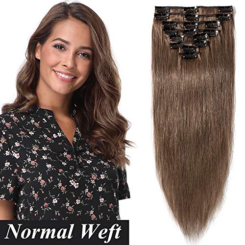 14"(35cm) SEGO Extensiones de Clip de Pelo Natural [8 PCS 18 CLIPS] #6 Castaño Claro 100% Remy Cabello Humano Postizos Pelucas Lisas para Mujer (60g)