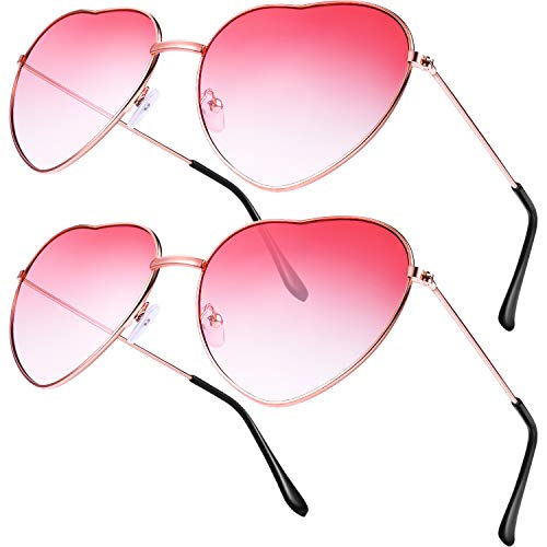 2 Pares de Gafas de Sol de Marco en Forma de Corazón en Estilo Hippy para Accesorio de Disfraz de Hippie, Marco Dorado Rosa (Lente Rojo Gradiente)