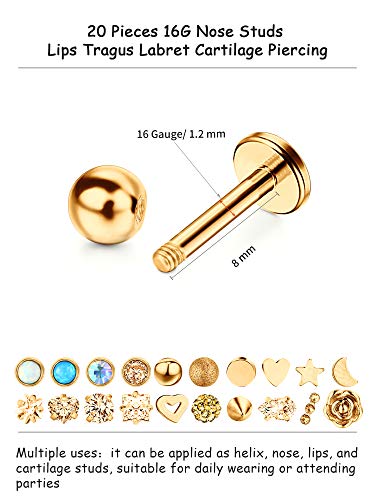 20 Piezas de Perno de Nariz de Acero Inoxidable 16G Joyería de Piercing de Cartílago Labio Trago Nariz para Mujeres Chicas, 20 Estilos (Dorado)