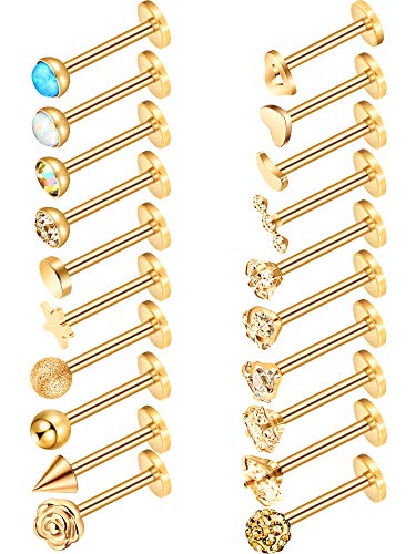 20 Piezas de Perno de Nariz de Acero Inoxidable 16G Joyería de Piercing de Cartílago Labio Trago Nariz para Mujeres Chicas, 20 Estilos (Dorado)