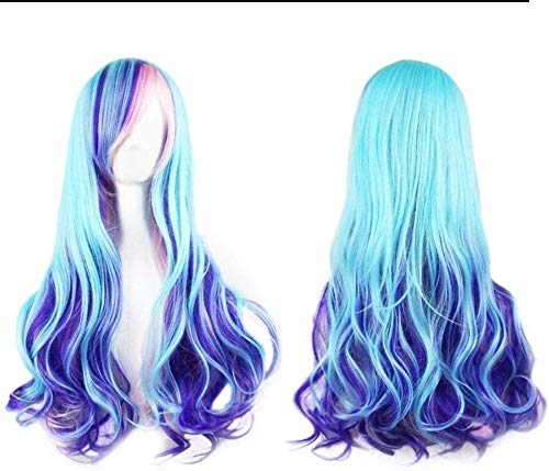 2021 de Halloween aspectos más destacados de la decoración del partido gradiente ondas naturales de color rosa azul cubierto resistente al fuego blue anime cosplay peluca sintética y rosa DOISLL