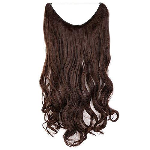 20"(50cm) Extensiones de Cabello Natural con Hilo Invisible Sin Clip Pelo Sintético Se Ve Natural Una Pieza Rizada Postizos Pelucas (90g,Castaño Chocolate)