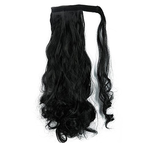 24"(60cm) Coleta Postiza Pelo Natural de Pelo Sintético Extensiones de Cabello Natural Clip Cola Ponytail Hair Extension Rizada Onduladas Largas Pelucas (100g,Negro)