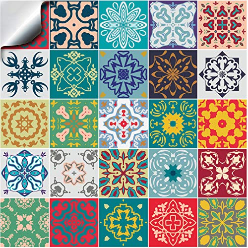 24x Color de la mezcla Lámina impresa 2d PEGATINAS lisas para pegar sobre azulejos cuadrados de 15cm en cocina, baños – resistentes al agua y aceite, Azulejos decorativos adhesivos