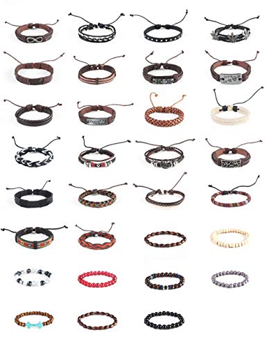 31 Piezas Étnico Tribal Pulsera Pulseras Cuero para Hombre Mujer Amistad Trenzado Manual De Bohemia De Madera del Grano Pulseras Etnica Tibetana Ajustable Cáñamo Pulseras Hombres Mujeres Unisex