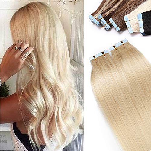 35cm - Extensiones Adhesivas de Cabello Humano [2g*40pcs] Sin Clip Tape in Hair Extension Pelo Natural - 60# Rubia Platino