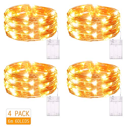 4PCS Guirnalda Luces Pilas,Tomshine 6m/19.69FT 60LED Luces LED Pilas,Luces Decorativas Habitacion,Cadena de Luces con Pilas de Alambre de Cobre para Interior Bodas Fiesta de Navidad（Blanco Cálido）