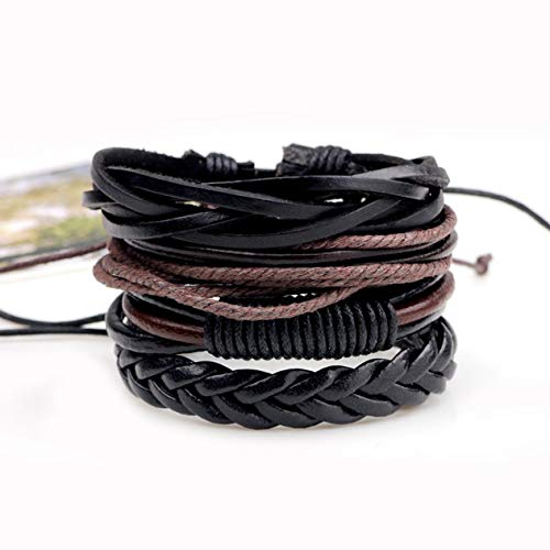 4PCS / Set Multicapa Vintage DIY Hombres PU Pulsera Trenzada de Cuero Casual Simple Pulsera Brazaletes Joyas Mejor Regalo de cumpleaños BCVBFGCXVB (café y Negro