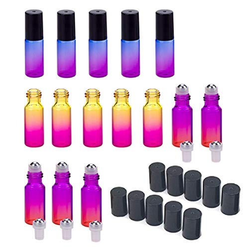 5 ml Botellas de rodillo de aceite esencial de vidrio de color arco iris con bolas de rodillo de acero inoxidable, aceites esenciales, perfumes, bálsamos labiales, 15 piezas