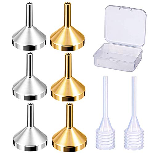 6 embudos pequeños de metal con 2 paquetes de mini pipeta y caja de almacenamiento de plástico para rellenar pequeñas mini botellas atomizador perfume líquido loción – oro/plata