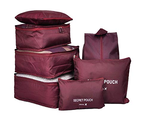 7 Set de Organizador de Equipaje, Impermeable Organizador de Maleta Bolsa para Ropa Sucia de Viaje, Material Nylon（Wine Red）