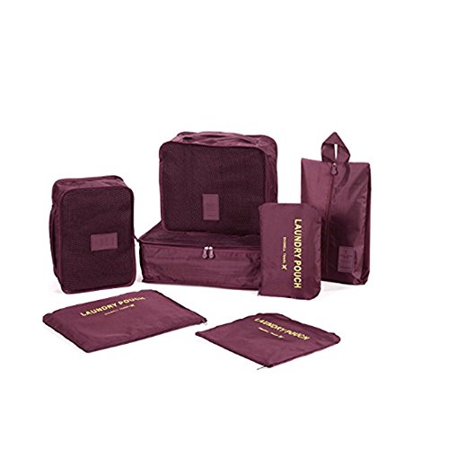 7 Set de Organizador de Equipaje, Impermeable Organizador de Maleta Bolsa para Ropa Sucia de Viaje, Material Nylon（Wine Red）