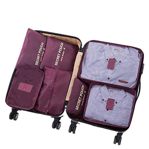 7 Set de Organizador de Equipaje, Impermeable Organizador de Maleta Bolsa para Ropa Sucia de Viaje, Material Nylon（Wine Red）