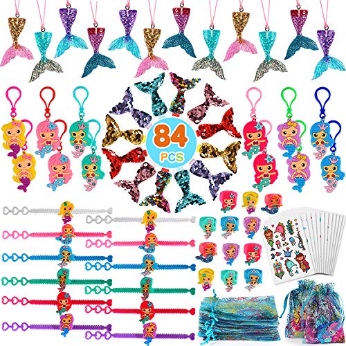 84Piezas Sirena Cumpleaños Party Accesorios Sirena Llavero Sirena Pulsera Sirena Anillo Sirena Collar Sirena Pinza para Cabello Tatuajes Temporales para Niños Niñas Sirena Fiesta Cumpleaños Regalo