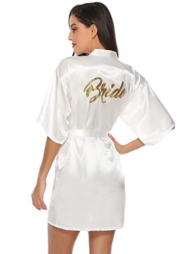 Abollria Bata para Mujer Kimono de Seda Corto para la Boda Novia Fiesta Bride Blanco,M