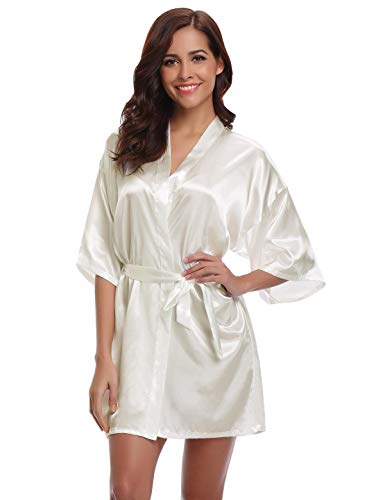 Abollria Bata para Mujer Kimono de Seda Corto para la Boda Novia Fiesta Bride Blanco,M