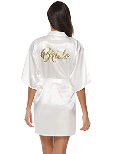 Abollria Bata para Mujer Kimono de Seda Corto para la Boda Novia Fiesta Bride Blanco,M