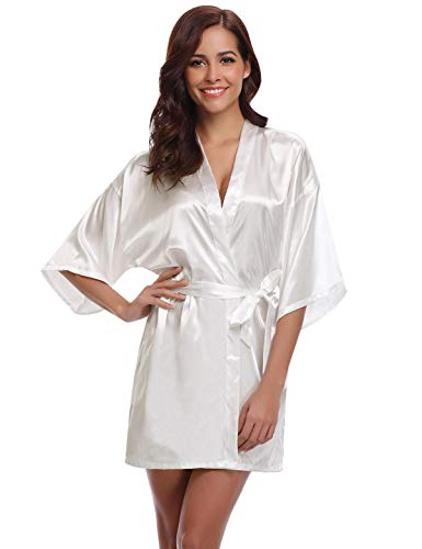 Abollria Bata para Mujer Kimono de Seda Corto para la Boda Novia Fiesta Bride Blanco,M