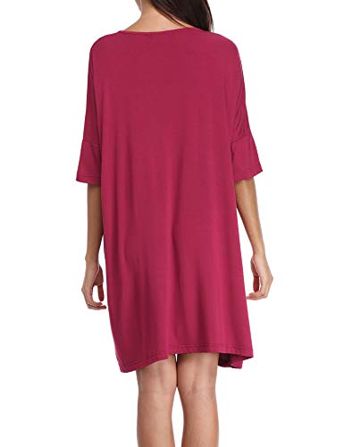 Abollria Camisón Mujer Verano de Algodón Manga Corta Camisónes Vestido Cuello en V Camisones Loungewear Vino Tinto,L