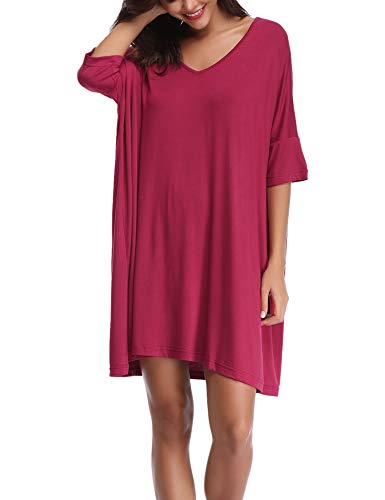 Abollria Camisón Mujer Verano de Algodón Manga Corta Camisónes Vestido Cuello en V Camisones Loungewear Vino Tinto,L