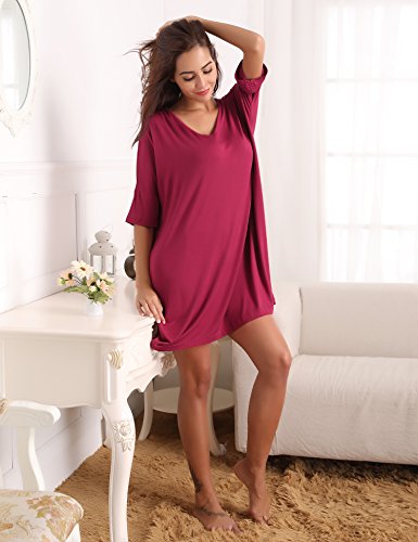 Abollria Camisón Mujer Verano de Algodón Manga Corta Camisónes Vestido Cuello en V Camisones Loungewear Vino Tinto,L