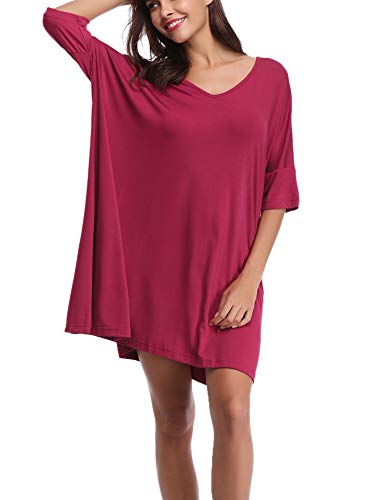 Abollria Camisón Mujer Verano de Algodón Manga Corta Camisónes Vestido Cuello en V Camisones Loungewear Vino Tinto,L