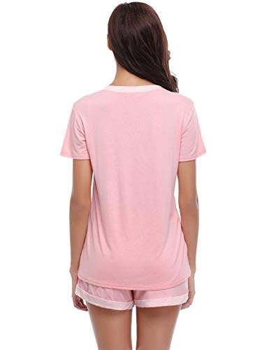 Abollria Pijamas Mujer Verano Corto del Pijamas Pantalones Manga Corto 2 Piezas de Ropa de Dormir Algodón Suave Loungewear Rosa,XL