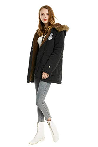 Abrigo cálido para mujer, parka de algodón, con capucha, de piel, acolchada, estilo militar, invierno Negro
 S