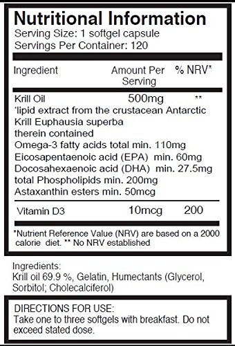 Aceite de Kril Aker Ultra Puro 500mg x 120 cápsulas - de las limpias aguas del Antártico que dan un rico suministro de Astaxantina, Omega 3, y Vitamina D. SKU: KRI500