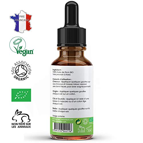 ACEITE DE RICINO ORGÁNICO prensado en frío, puro y natural - Virgen extra - Cuidado del cabello, pestañas, uñas, piel, barba (50ml)