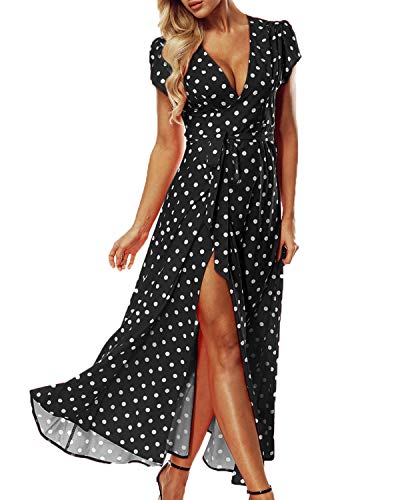 ACHIOOWA Mujer Vestido Elegante Casual Playa Bohemio Dress Lunares Cuello V Manga Corta Escote Fiesta Cóctel Falda Larga Negro XL