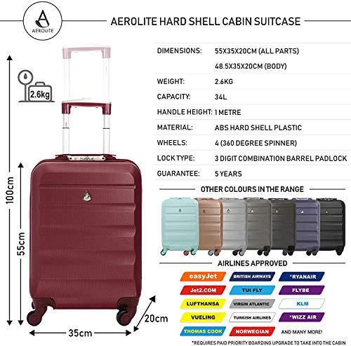 Aerolite ABS 55cm Maleta Equipaje de Mano Cabina rígida Ligera con 4 Ruedas (Negro + Vino)