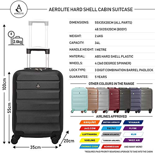 Aerolite ABS 55cm Maleta Equipaje de Mano Cabina rígida Ligera con 4 Ruedas (Negro + Vino)