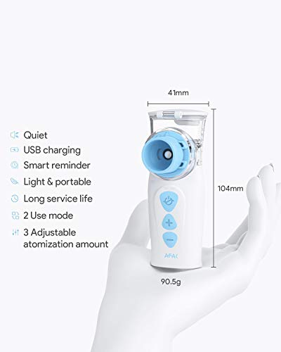 AFAC Nebulizador Ultrasonico Portatil, Aerosol Inhalador para Niños Bebe Adultos, 2 Boquilla Reemplazable, 3 Velocidad de Atomización Ajustable, Magnética Medicina Copa, USB Recargable con Mascarilla