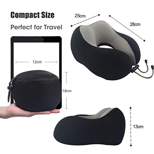 AGAKY Almohada de Viaje Almohada Cuello Espuma Memoria Sueño Suave-Tela Terapia magnética - Funda Terciopelo extraíble y Lavable- Máscara Dormir, 2 Tapones para los oídos y Bolsa de Viaje (Negro)