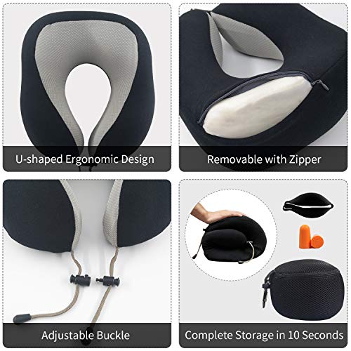 AGAKY Almohada de Viaje Almohada Cuello Espuma Memoria Sueño Suave-Tela Terapia magnética - Funda Terciopelo extraíble y Lavable- Máscara Dormir, 2 Tapones para los oídos y Bolsa de Viaje (Negro)