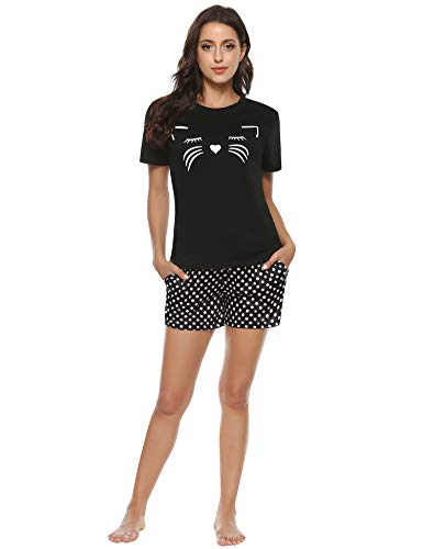 Aibrou Gato Pijama Verano Mujer Corto Algodón Suave Comodo Ligero y Agradable Ropa para Dormir Set