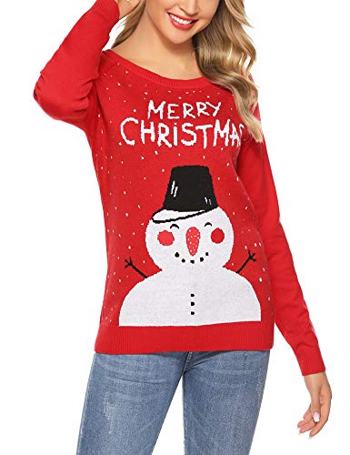 Aibrou Mujer Suéter de Navidad Muñeco de Nieve Frente Abierto Tejer Jersey de Punto,Rojo,XXL