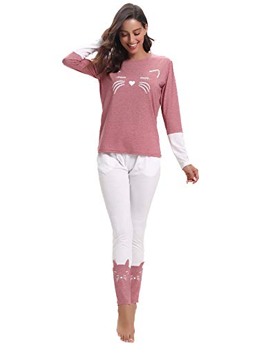 Aibrou Pijamas Mujer Algodón Invierno 2 Piezas,Ropa de Casa Dormir Casual Camiseta y Pantalones Largo Conjuntos Suave y Comodo S-XXL