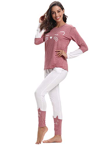 Aibrou Pijamas Mujer Algodón Invierno 2 Piezas,Ropa de Casa Dormir Casual Camiseta y Pantalones Largo Conjuntos Suave y Comodo S-XXL